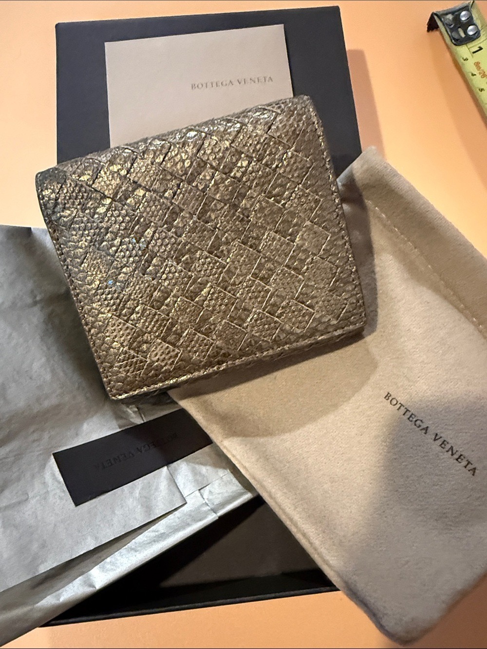 Bottega Veneta metallic bronze lizard intrecciato woven leather trifold